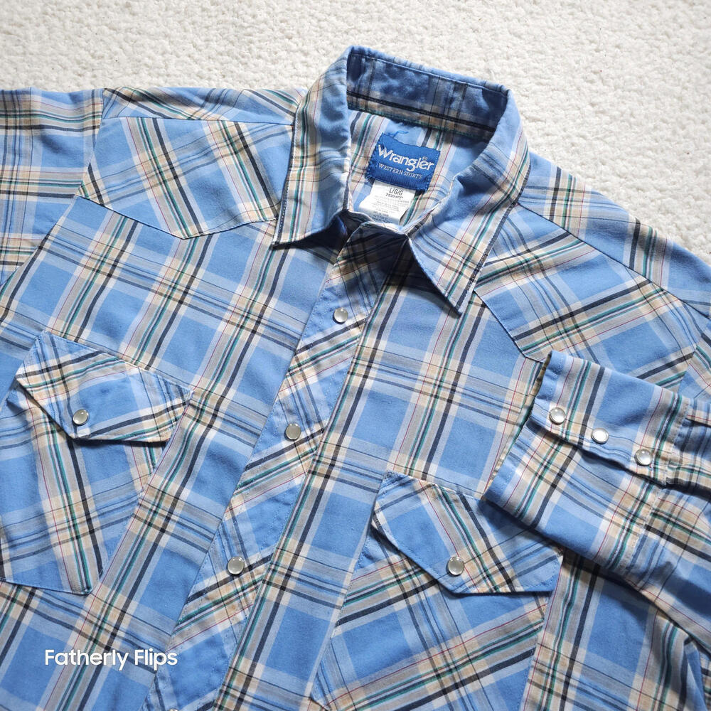 Wrangler Men's Western Snap Shirt Large Light Blue Plaid Yoke Cotton Blend